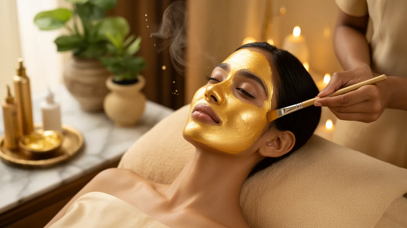 A woman receiving a luxurious gold facial treatment in Bangladesh spa, golden mask glowing on her skin, symbolizing rejuvenation and beauty.