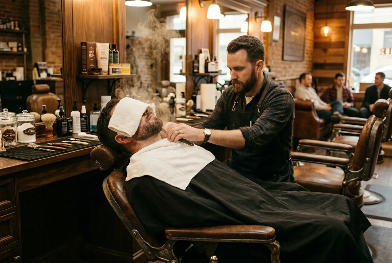 Professional barber giving a traditional steam shave to a man seated in a vintage leather chair.