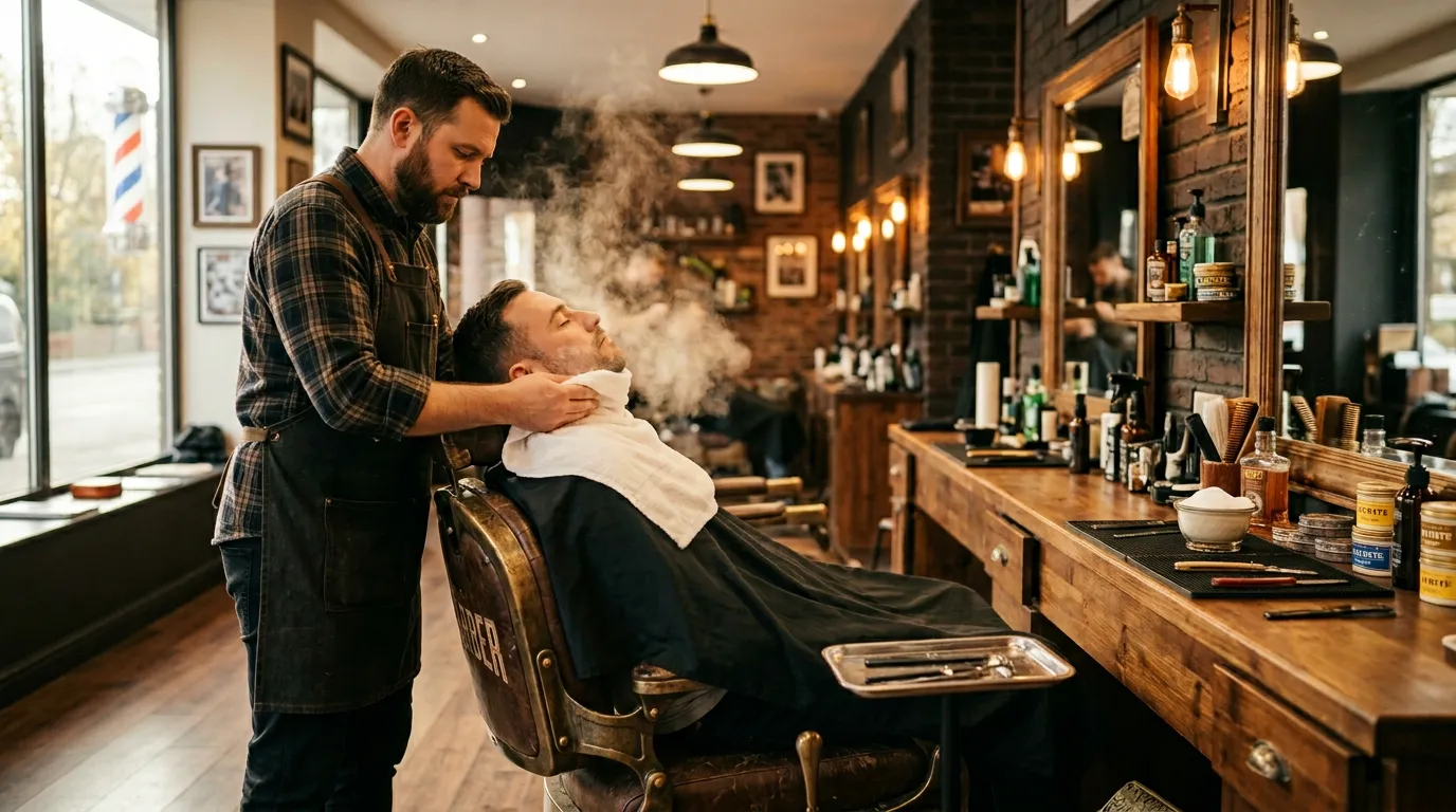 Male client receiving a steam shave service with hot towel treatment in a classic barbershop.