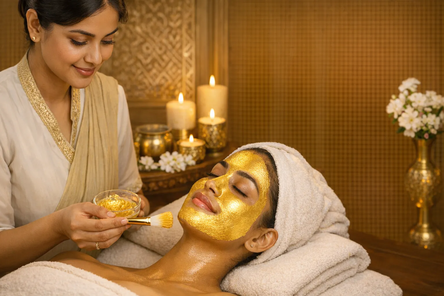 Close-up of gold facial in Bangladesh showing beautician applying gold mask with brush, highlighting smooth and radiant skin results.