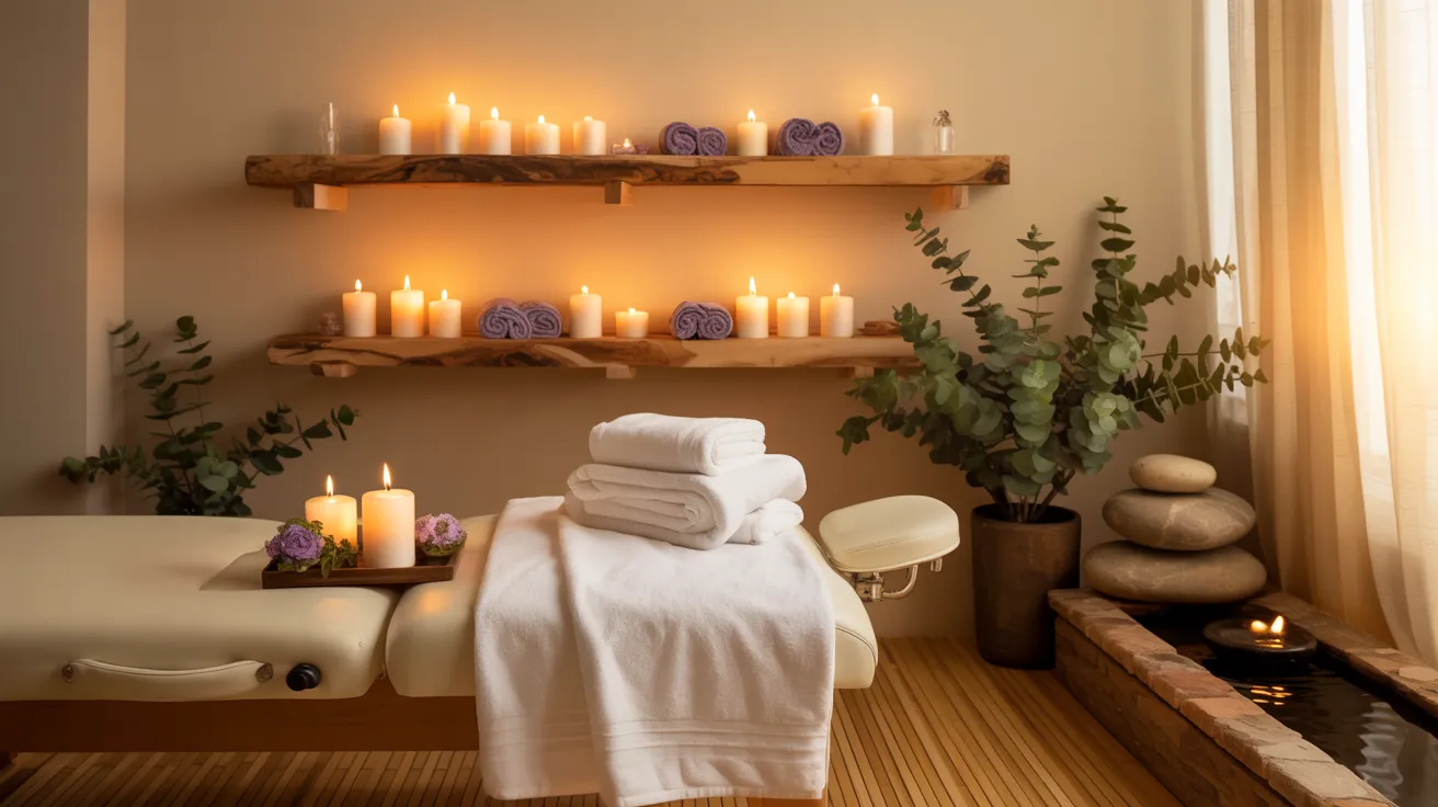 Relaxing spa environment with aromatic candles, fresh towels, and natural decor, emphasizing cleanliness and a tranquil setting.