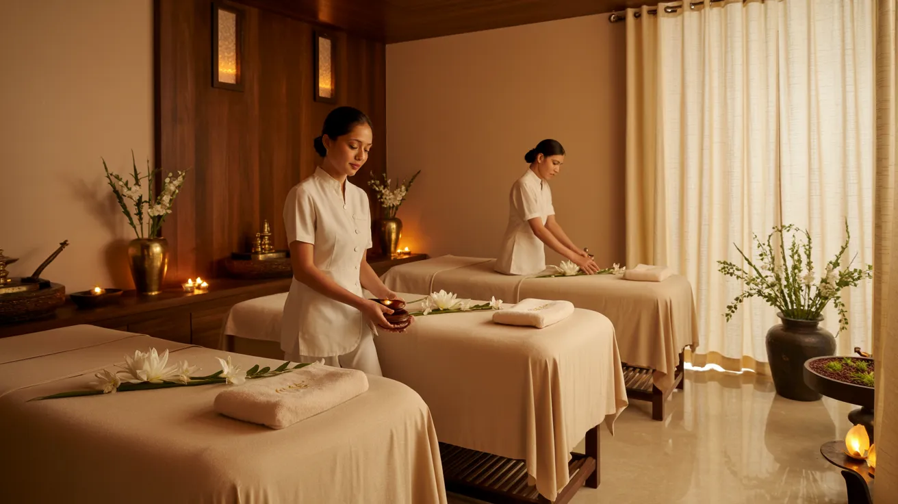 Luxurious massage spa interior in Sylhet and Rajshahi, Bangladesh with serene ambiance, warm lighting, fresh flowers, and professional therapists creating a premium wellness atmosphere.