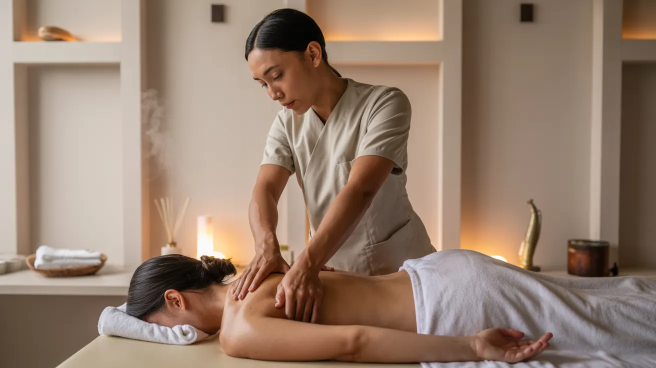 Professional therapist performing deep tissue massage for chronic pain relief in a calm spa setting with soft lighting and soothing décor.