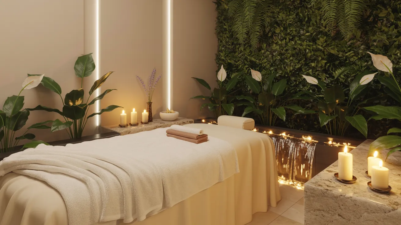A tranquil spa interior with massage table, warm candlelight, and aromatherapy setup highlighting stress relief.