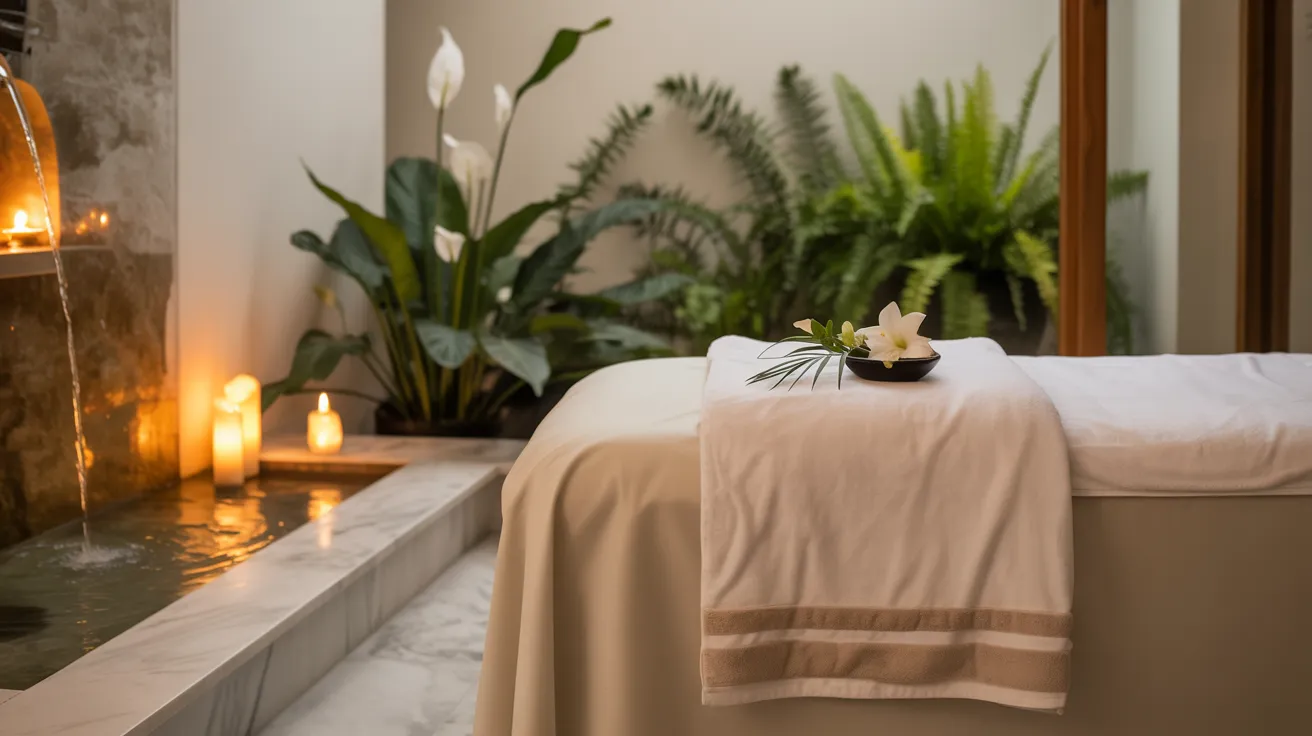 Elegant spa environment with flowing water features, lush greenery, and soothing ambiance symbolizing sustained wellness.