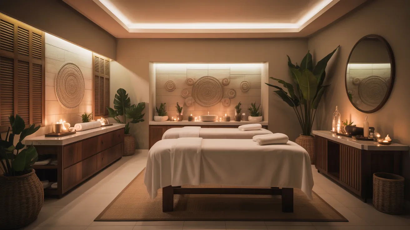 A relaxing spa environment with aromatic candles, fresh towels, and natural decorations, emphasizing cleanliness and tranquility, inviting clients to unwind and rejuvenate.
