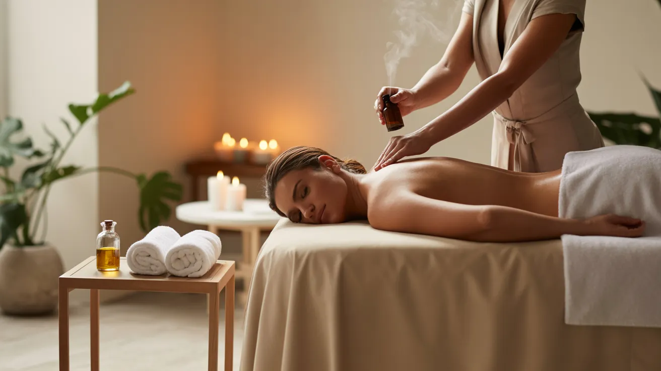 A person receiving a back massage with oil in a softly lit spa room, candles glowing in the background.