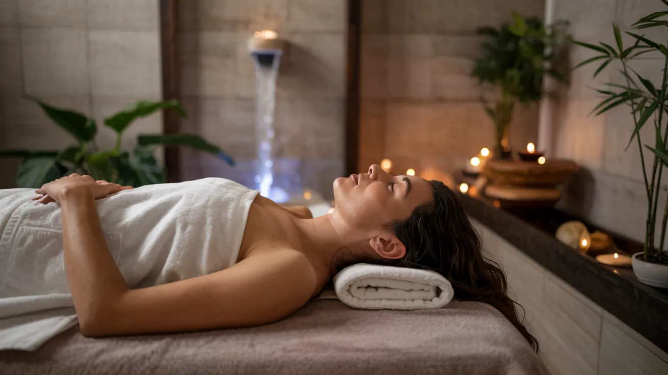 Premium relaxation lounge inside a mens beauty salon near me, with lush greenery and serene wellness environment.