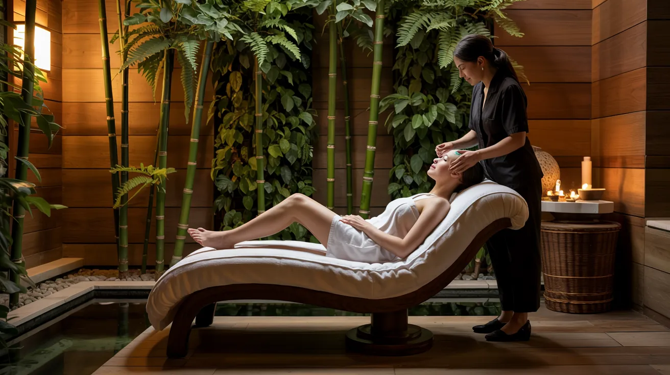 Modern indoor spa design at a mens beauty salon near me, showcasing rich architecture and soothing atmosphere.