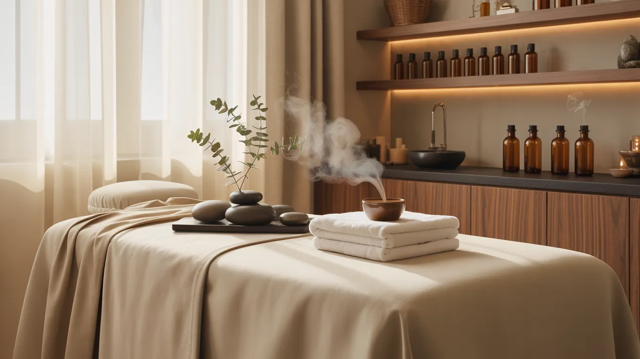 A tranquil massage table setup with folded towels, hot stones, eucalyptus branches, and steaming aromatherapy bowl.
