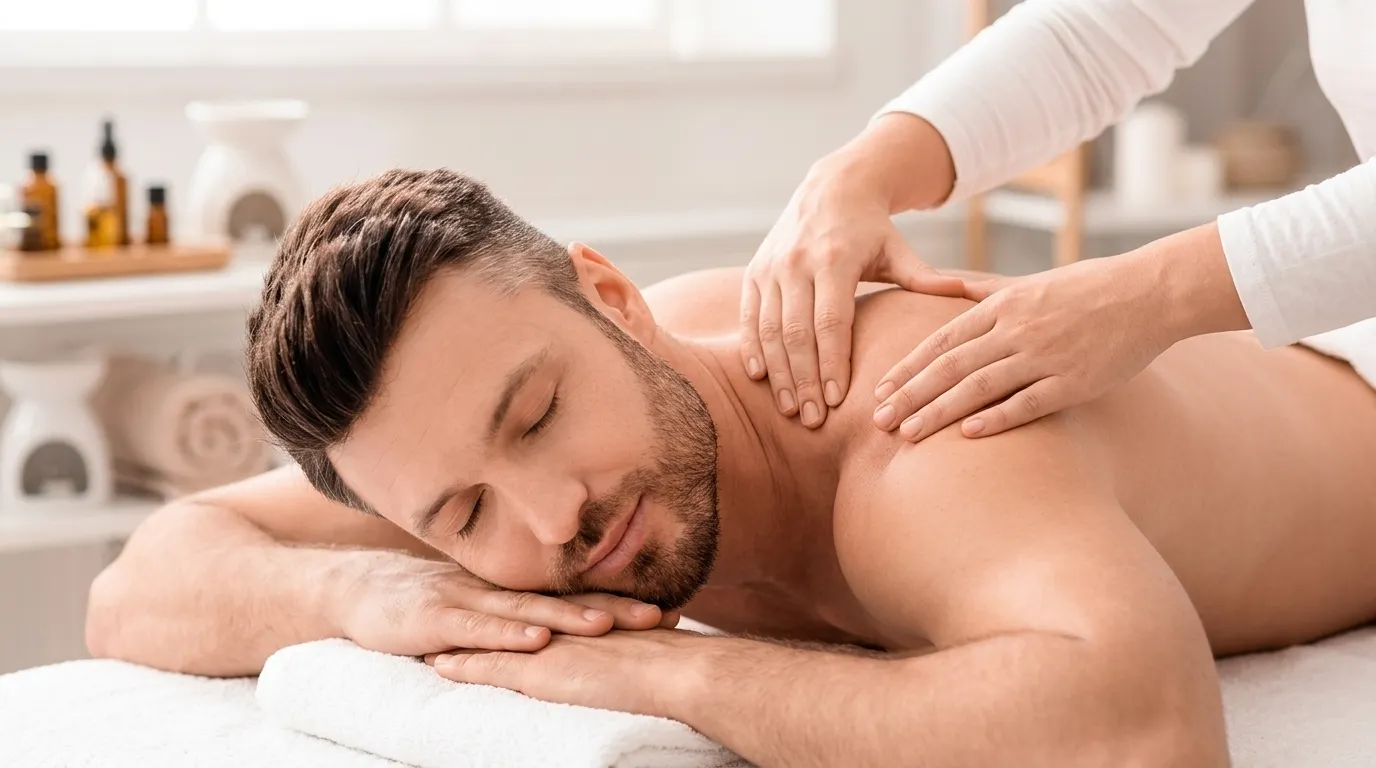 Bangladeshi male model lying face down on massage table, receiving relaxing back massage. Calm indoor spa environment, soft warm lighting, blurred background with greenery. Close-up focus on upper body and shoulders, peaceful expression.