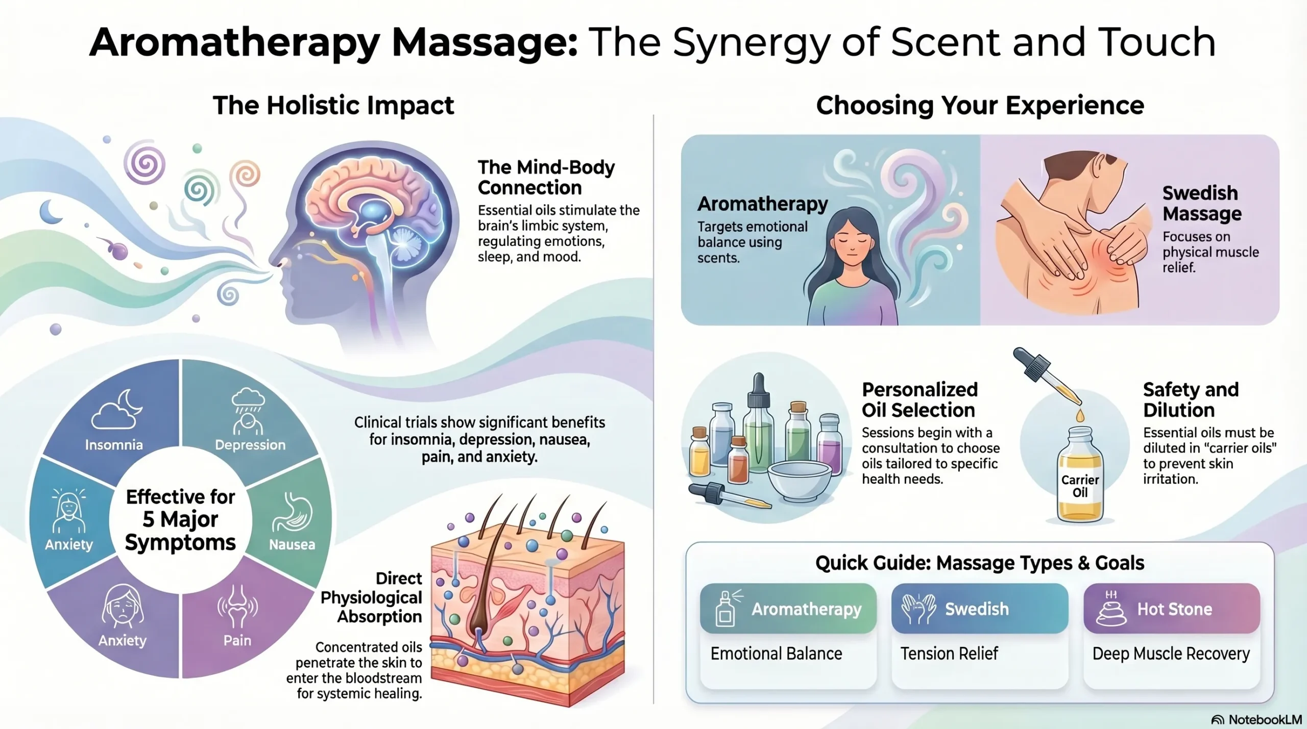 Illustrated guide showing benefits of aromatherapy massage, highlighting emotional balance, muscle relief, and oil safety.