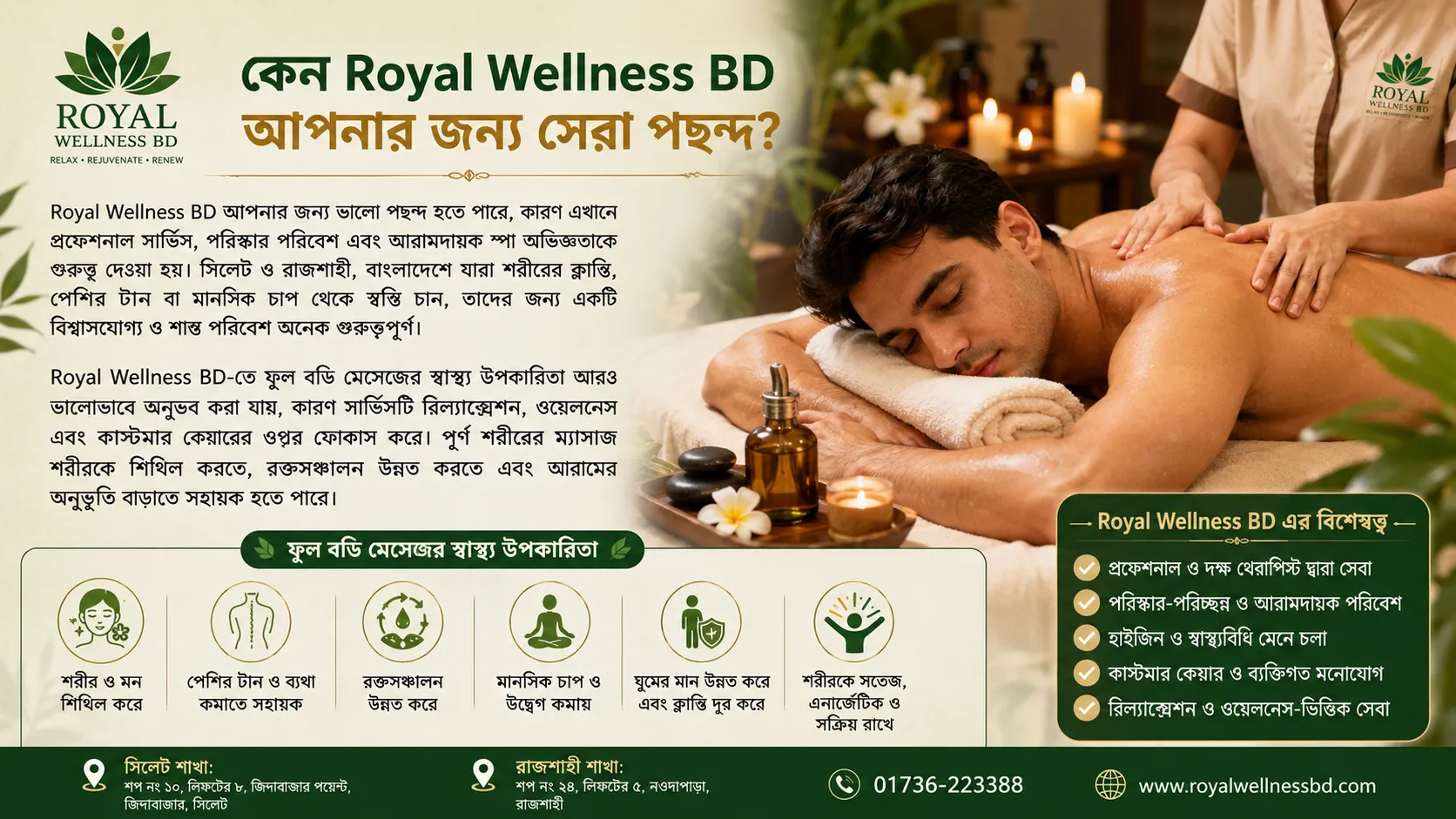 RoyalwellnessBD ফুল বডি ম্যাসাজের মাধ্যমে রক্ত সঞ্চালন বৃদ্ধি, শরীরের ক্লান্তি দূর ও রিল্যাক্সেশনের অভিজ্ঞতা দেখানো একটি বিলাসবহুল স্পা ইমেজ।