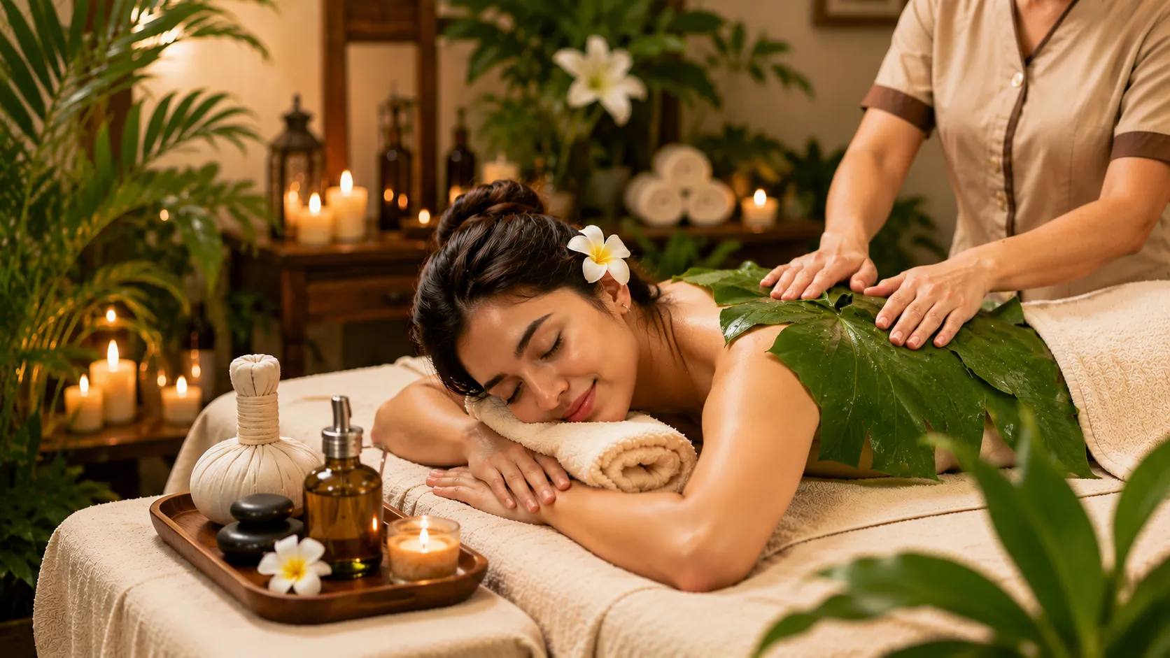 RoyalwellnessBD ফুল বডি ম্যাসাজ থেরাপি নিচ্ছেন একজন নারী, শান্ত স্পা পরিবেশে অ্যারোমাথেরাপি ও রিল্যাক্সেশন থিম, স্বাস্থ্য উপকারিতা তুলে ধরা হয়েছে।