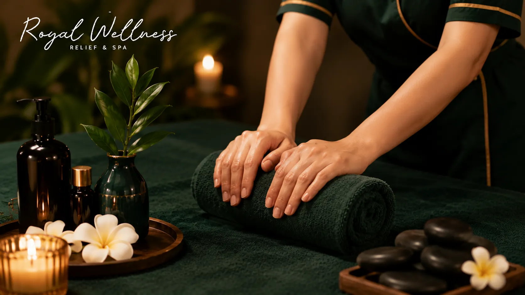Close up spa scene at Royal Wellness Relief & Spa featuring a therapist's hands preparing a towel for massage, surrounded by candles, essential oils, hot stones, flowers, and natural greenery in a luxurious wellness setting with the Royal Wellness logo.